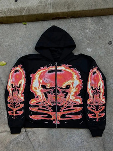 Sweat-shirt à capuche noir gothique surdimensionné pour homme, avec fermeture éclair, broderie 3D, veste à capuche graphique, streetwear d'hiver - Product Image 4