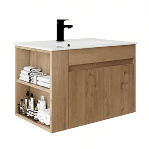 Bathroom Vanity 30 Inch Ceramic Basin Imitative Oak Finish Adjustable Open Shelf Floor Standing Modern Design - Product Image 1
