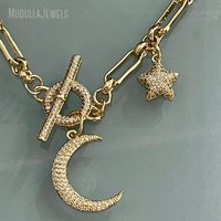 NM56082 Plaqué Or Multi Lune Étoile Charme Zircon Bascule Connecteur Homard Griffe Fermoir Superposition Chance Charm Bijoux Cadeau pour Elle