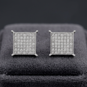 Boucles d'oreilles carrées géométriques à clipser, micro-incrustation de diamants ronds taille brillant, bijoux fins, clous en argent - Product Image 3