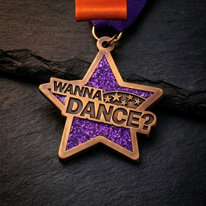 Custom Made Zinc Alloy Medal Star Shape Wanna Dance <b>Purple</b> <b>Glitter</b> For Events And Gifts - Product Image 1