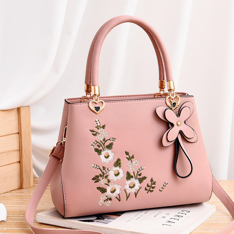 Wholesale Fancy Fashion New Design Brown Flower Cheap High Quality Leather  Hand Bag for Women