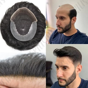 Venta al por mayor Q6 100% Real European Men's Toupee Hair System Lace PU Base Grey 1B Color Knots Bleaches Lace Closure Technique - Product Image 4