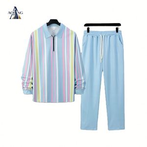 2026 Musim Gugur Terlaris Pria Kaos Polo Lengan Panjang Setengah Resleting Bermotif Garis Dengan Celana Panjang Longgar Setelan Kasual Dua Potong - Product Image 2