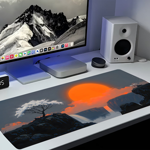 Tapis de bureau extra-large style peinture à l'encre, Coucher de soleil, Falaise, Cascade isolée, Bords en caoutchouc cousus ; Décoration de bureau artistique paysagère apaisante - Product Image 1