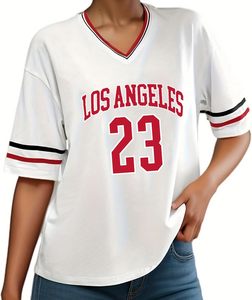 Jersey para mujer, camisetas de verano con hombros caídos y cuello en V con ribete de rayas gráficas de gran tamaño - Product Image 5