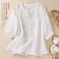 Chemisier décontracté en coton et lin brodé de fleurs pour femme, manches trois-quarts, col en V, couleur unie, coupe ample, haut pour mère