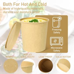Gobelets à soupe en papier brun jetables, compostables, écologiques, à paroi simple, de qualité alimentaire, enduits, imperméables, avec couvercle - Product Image 2
