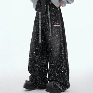 Jeans Baggy da Uomo all'Ingrosso, <span class=keywords><strong>Pantaloni</strong></span> in Denim Lavaggio Acido, Effetto Consumato con Glitter e Strass, Jeans Dritti Larghi - Product Image 3