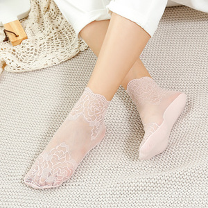 <span class=keywords><strong>Chaussettes</strong></span> d'été ultra-fines transparentes en dentelle pour femmes, <span class=keywords><strong>chaussettes</strong></span> courtes en maille florale en soie de verre cristalline, vente en gros - Product Image 6