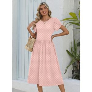 Womens Summer Aline Midi <b>Dress</b> Short Sleeve Polka Dot Print Flowy Casual <b>Dress</b> With Pockets O Neck <b>Elastic</b> Waist Breathable - Product Image 4