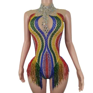 Shiny Candy Jumpsuit performa panggung, Jumpsuit penampilan panggung berlian imitasi rumbai warna permen, Romper wanita Leotard, Bodysuit satu potong wanita