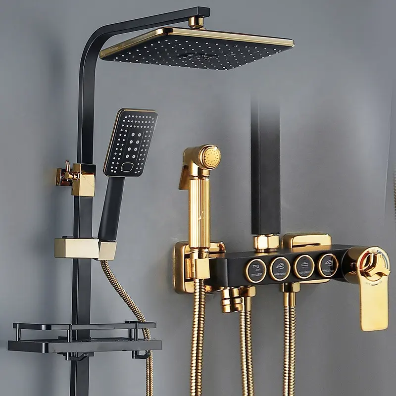 Латунный термостатический душевой набор черный и золотой 4 функции душевой системы настенный смеситель для ванной комнаты