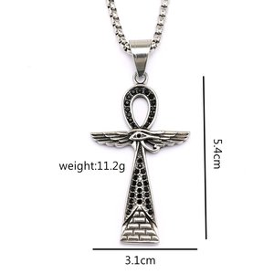 yunnique Pendentif croix Ankh rétro en acier inoxydable de style égyptien ancien avec ailes et motif œil pour hommes et femmes - Product Image 5