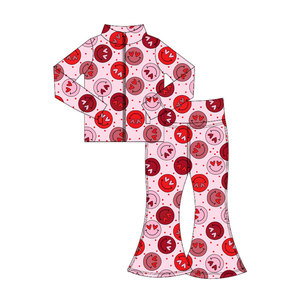 Vêtements pour enfants personnalisés avec impression d'amour et de souriant visage souriant pour la Saint-Valentin, tenues évasées, ensembles de vêtements pour bébés assortis de sœurs, vente en gros - Product Image 2