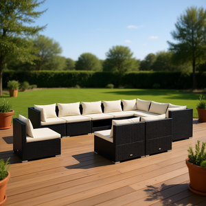 Ensemble de salon de jardin en polyrotin noir 10 pièces avec coussins confortables, mobilier d'extérieur au design contemporain - Product Image 2