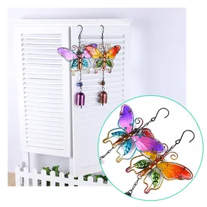 Stained Fused Glass Butterfly Wind Chime Art Metal Musical Wind Bell Craft Hanging Decoration for Living Room Garden Patio Lawn