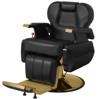 Chaise de barbier traditionnelle haut de gamme avec détails plaqués or, cuir PVC durable et base ronde en acier inoxydable, inclinable