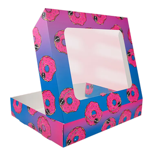 Boîte en carton ondulé rose personnalisée avec logo, imprimée quadricolore, réutilisable, auto-érectible, pliable, avec fenêtre carrée, pour donuts, vente en gros - Product Image 1