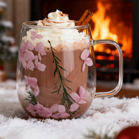 Tasse à café en verre à double paroi motif floral, vaisselle domestique résistante à la chaleur pour boissons chaudes et froides