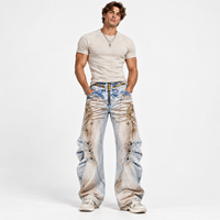 DiZNEW Mud Wash Triple Zipper Baggy Jeans Homme Cyber Sigilism Rhinestone Graphic Wide Leg Denim Pants Heavyweight