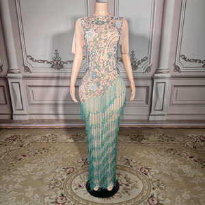 Abito da sera con orlo glitterato ZD con <span class=keywords><strong>maniche</strong></span> <span class=keywords><strong>lunghe</strong></span> trasparenti e nappe con strass scintillante abito da sera in vita naturale per Club Gala - Product Image 1