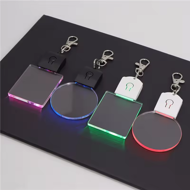Factory Direct Supply 3D Laser Engraving Square LED Light Holder Mini Colorful LED Keyring Metal ABS Acrylic LED Keychain