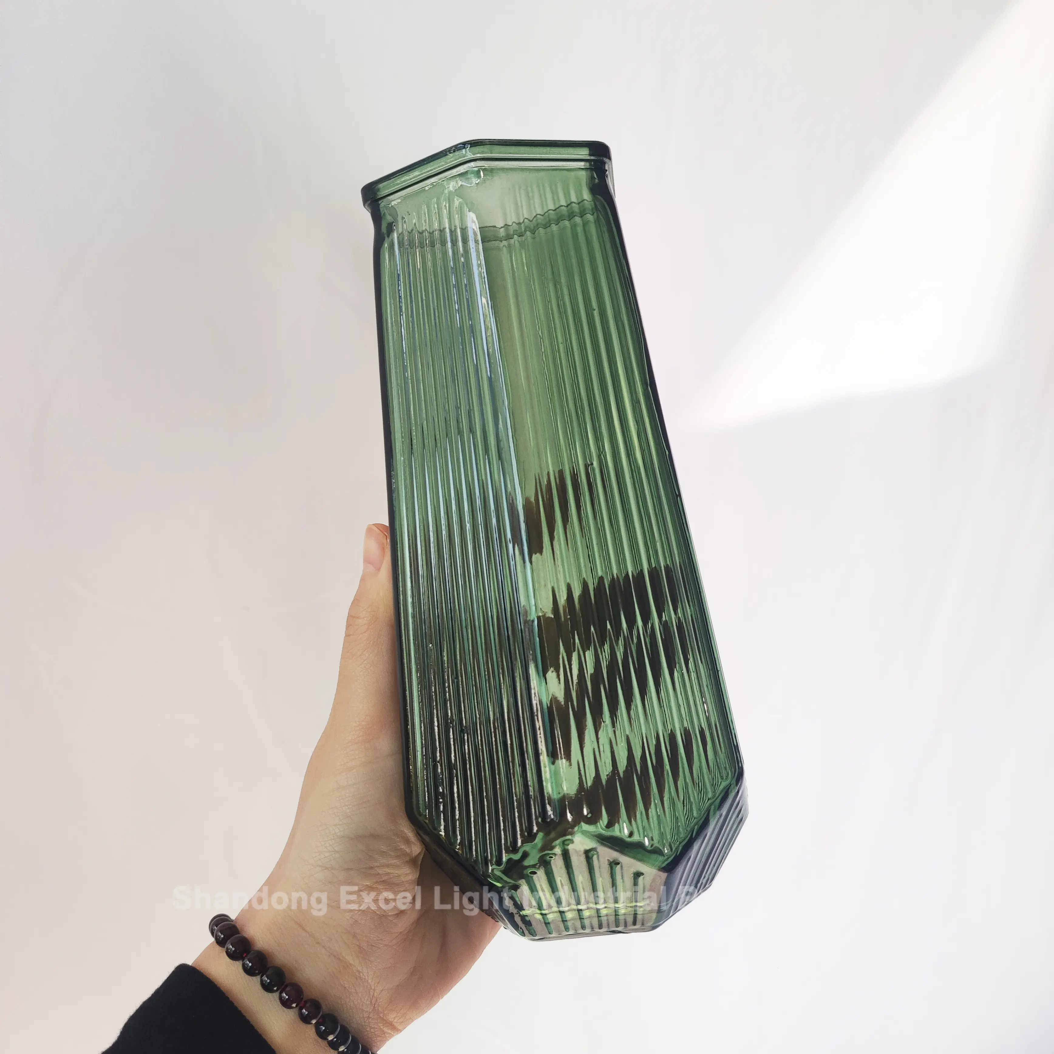Nieuw Ontwerp Helder Groen Grijs Kleur Geribbelde Knopvaas Grote Brede Mond Verticale Streep Cilindervorm Bloem Glazen Vaas