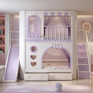 Letti a castello JS moderni in legno massello, comodi letti per bambini di piccole dimensioni, design a castello da <span class=keywords><strong>principessa</strong></span> per la <span class=keywords><strong>cameretta</strong></span> scolastica - Product Image 1