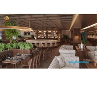 Concept de design d'intérieur pour pub et restaurant : comptoir de bar lounge en bois style speakeasy, ensemble table et chaises classiques pour salle de jeux de pub