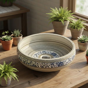 Современная керамическая раковина ручной работы сине-белого цвета с легкочистящейся чашей с деревянной гравировкой для столешницы в ванной комнате - Product Image 3