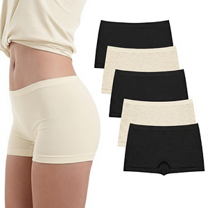 Women's Mid-Rise <b>Boyshort</b> Panties 5-Pack Seamless Solid Knitted Cotton Spandex Breathable Full Coverage Basic Style - Product Image 1