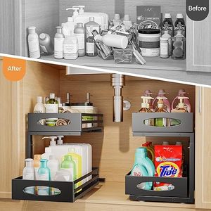 Organiseur <span class=keywords><strong>sous</strong></span> évier à roulettes lisses, 2 niveaux, hauteur extensible, tiroir coulissant pour armoires de cuisine et de salle de bain - Product Image 5