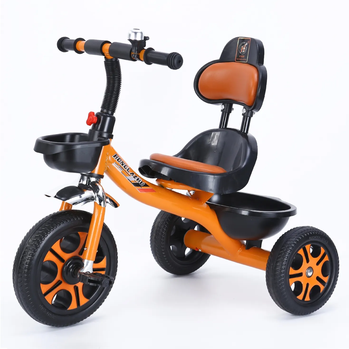 Sepeda roda tiga anak-anak, pit kulit lembut sandaran lengan tinggi dengan mainan 3 roda