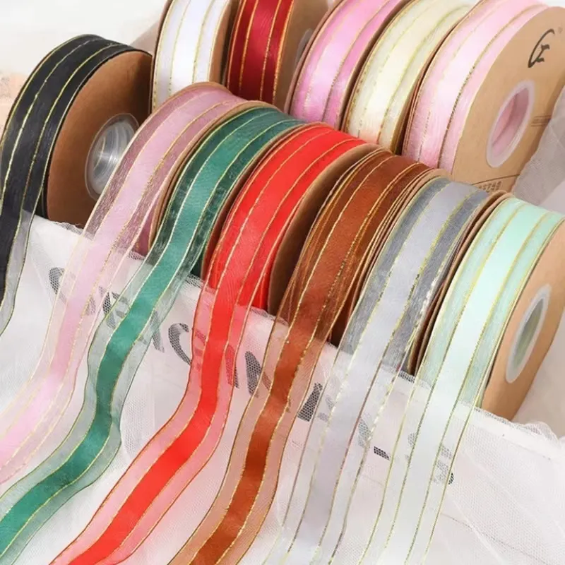 Low Moq 25mm Wrapping Gift Christmas Sheer Snow Pull Bows Metallia Edge Solid Color Sheer Organza Ribbon For Packing Decoration