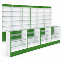 Vitrine de pharmacie avec écran LED, étagères à niveaux robustes, corps principal blanc + accents turquoise, comptoir en verre, 6 sections