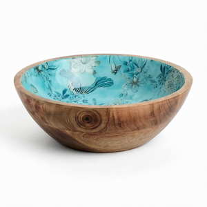 Tazón de madera de mango con diseño personalizado impreso en esmalte, hecho a mano, redondo, con forro floral, para decoración de mesa de cocina en el hogar. - Product Image 1