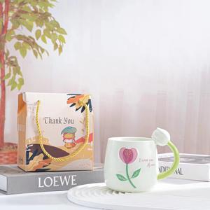 Mug à café en céramique coréen Ins, couleur contrastée, motif tulipe, poignée fleurie en relief 3D, tasse à lait pour le petit-déjeuner - Product Image 4