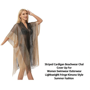 Cardigan rayé léger style kimono à franges pour femme, cache-maillot de bain, tenue de plage et vêtement d'extérieur, mode estivale - Product Image 3