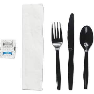 Kit de couverts jetables 6 pièces Boardwalk (fourchettes, couteaux, serviettes, cuillères à café) noirs pour fêtes, 250 pièces/carton - Product Image 2