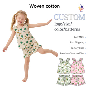 Set da bambina in tessuto non elasticizzato, top senza maniche con volant, pantaloncini stampati, logo personalizzato, taglia - Product Image 1