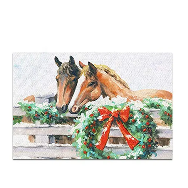 Lukisan Minyak Natal, Kuda Natal dengan Karangan Bunga Holly, Gambar Dinding Seni, Lukisan Minyak Selamat Natal
