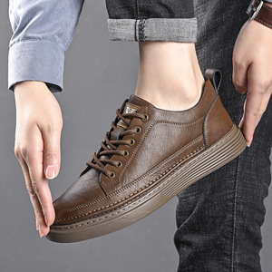 <b>White</b> Leather Sneakers Men Low <b>Heel</b> Breathable Rubber Sole Casual Walking Shoes - Product Image 2