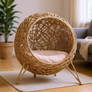 Lit pour chat rond en feuilles de bananier tissées à la main avec coussin, lit pour animaux de compagnie d'intérieur, toutes saisons, style minimaliste - Product Image 2