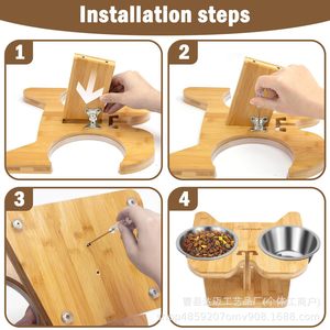 Wooden Elevated Pet <b>Feeder</b> With Stainless Steel Bowls Non Slip Dog <b>Cat</b> Food Bowl Stand For Pets - Product Image 4