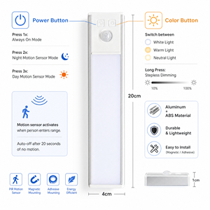 Luz de gabinete ultrafina de aluminio con sensor de movimiento, regulable, súper brillante, recargable por USB, inalámbrica, adhesiva, para armario. - Product Image 3