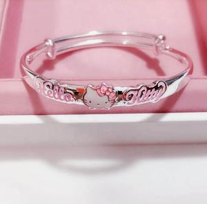 Lovely 999 Sterling Silver Enamel pink Cute Cat Animal <strong>Hello</strong> <strong>Kitty</strong> Jewelry Children Cartoon Charm Girl Bangle <strong>Bracelets</strong> for Kids - Product Image 2