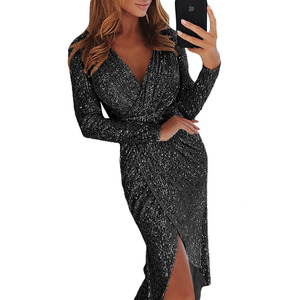 2021 Trendy Long Sleeve <strong>Silver</strong> Sequin Prom Evening <strong>Dress</strong> Women - Product Image 3