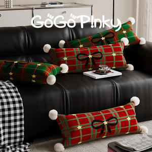 Slow Down <b>Christmas</b> Plaid Lumbar <b>Pillow</b> Oblong With Pom Poms Washable For Sofa Car Bedroom Decor - Product Image 5