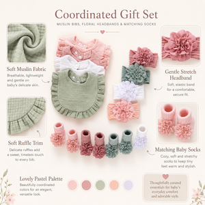 Set de Regalo de 3 Piezas para Bebés Niñas: Diadema de Algodón con Estampado Floral, Babero de Muselina con Volantes y Calcetines Florales para Fotografía de Recién Nacidos - Product Image 2